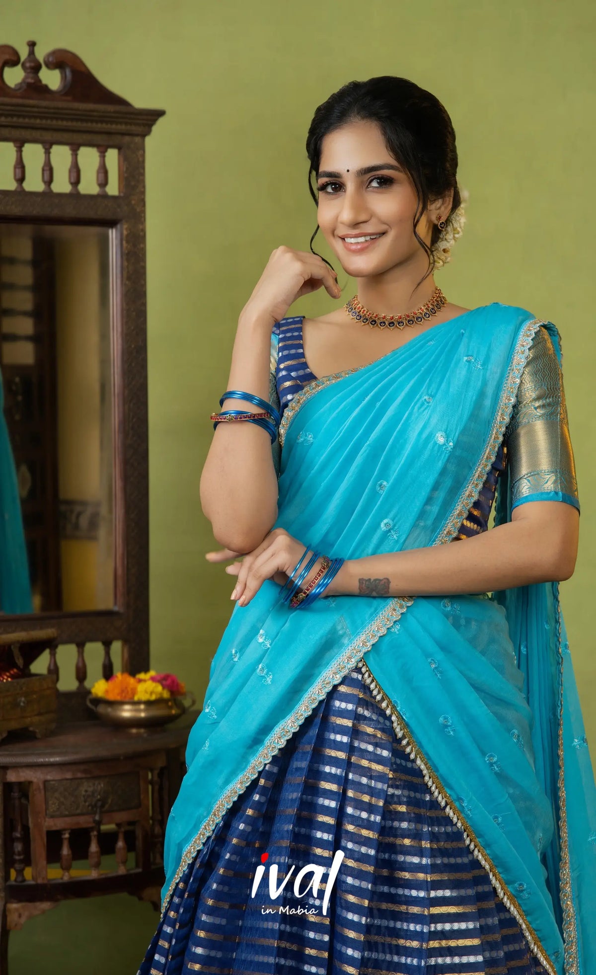 Izhaiyini Organza Halfsaree - Dark blue and Light blue - Half Sarees