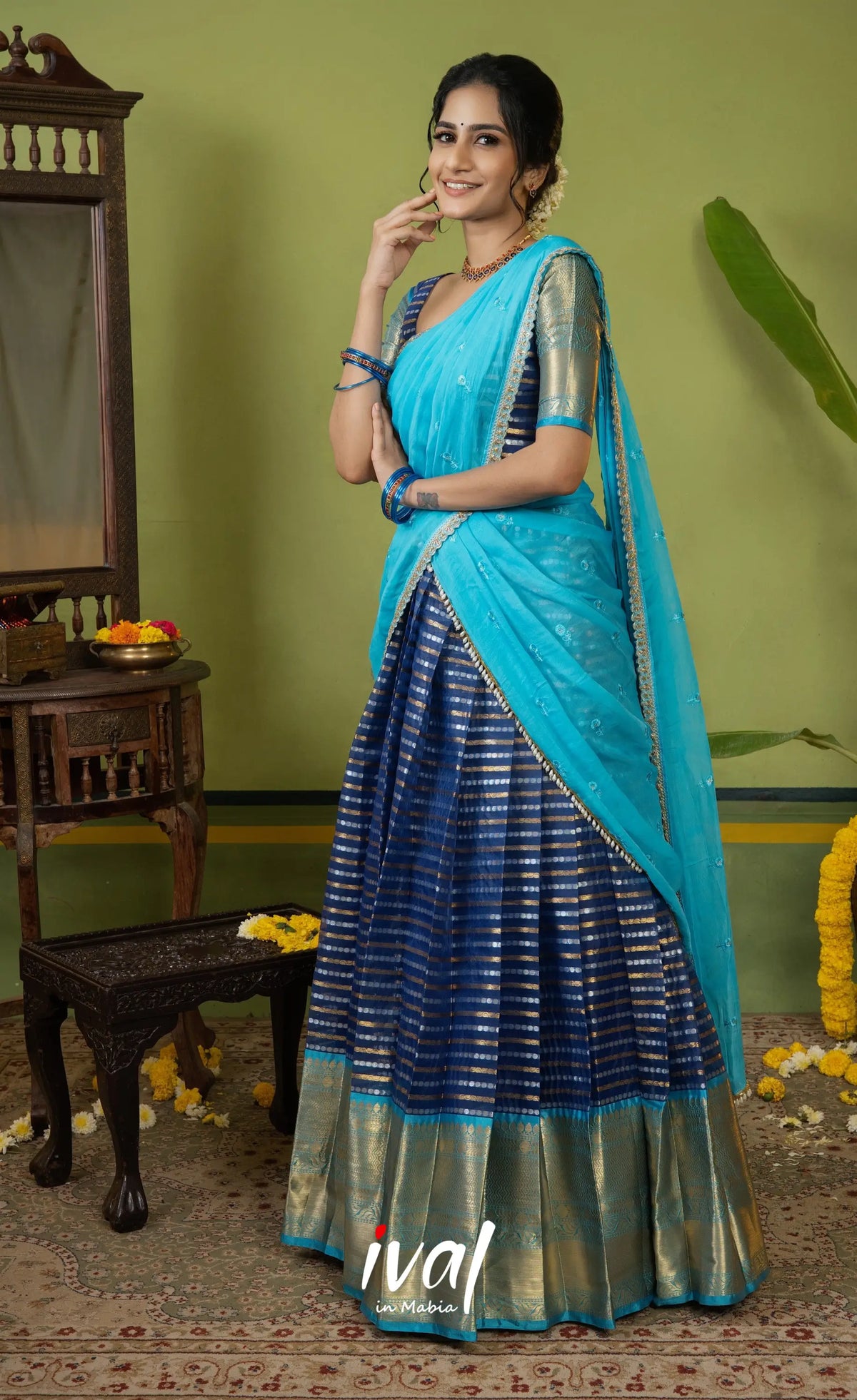 Izhaiyini Organza Halfsaree - Dark blue and Light blue - Half Sarees