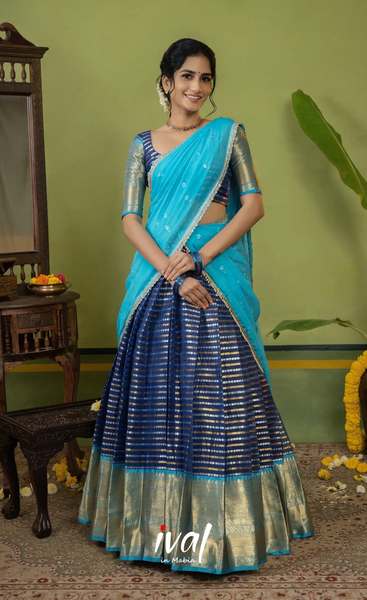 Izhaiyini Organza Halfsaree - Dark blue and Light blue - Half Sarees