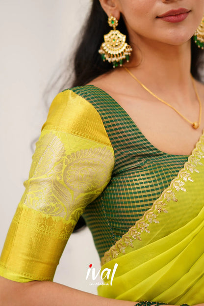 Izhaiyini Organza Halfsaree - Dark Green And Neon Half Sarees