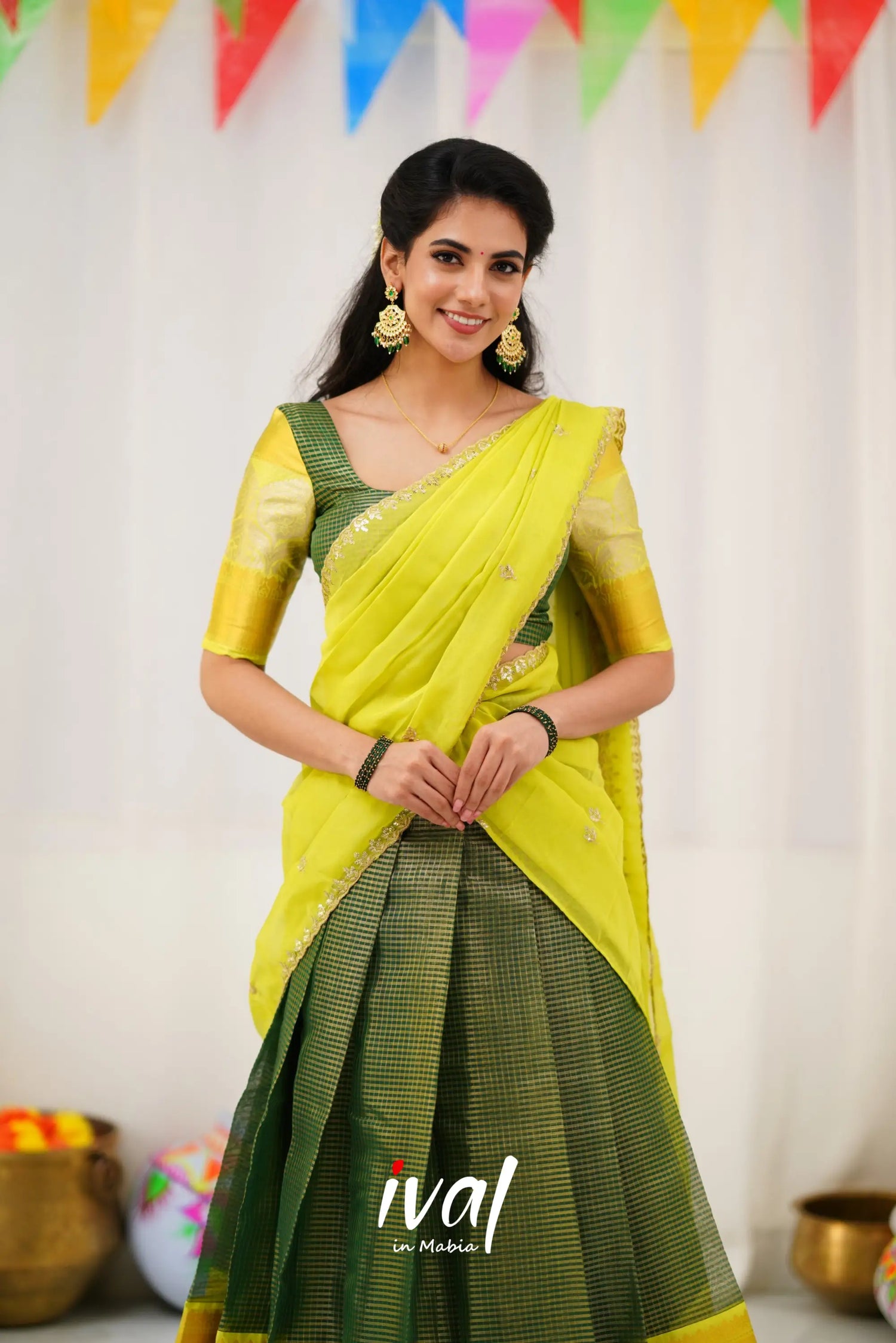 Izhaiyini Organza Halfsaree - Dark Green And Neon Half Sarees