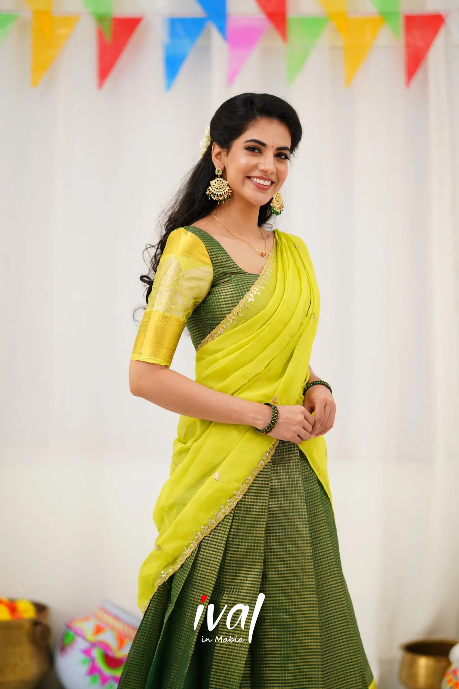 Izhaiyini Organza Halfsaree - Dark Green And Neon Half Sarees