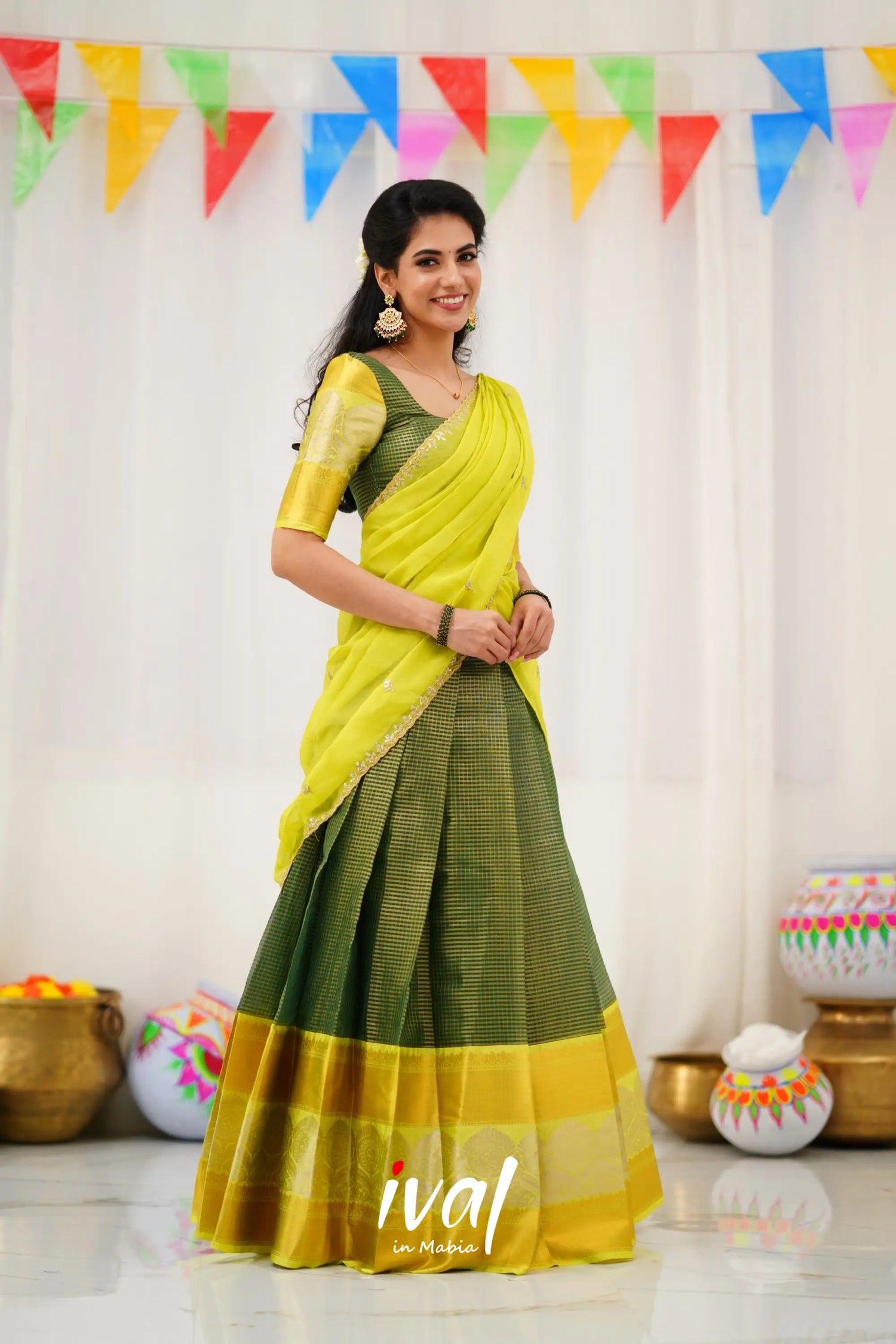 Izhaiyini Organza Halfsaree - Dark Green And Neon Half Sarees