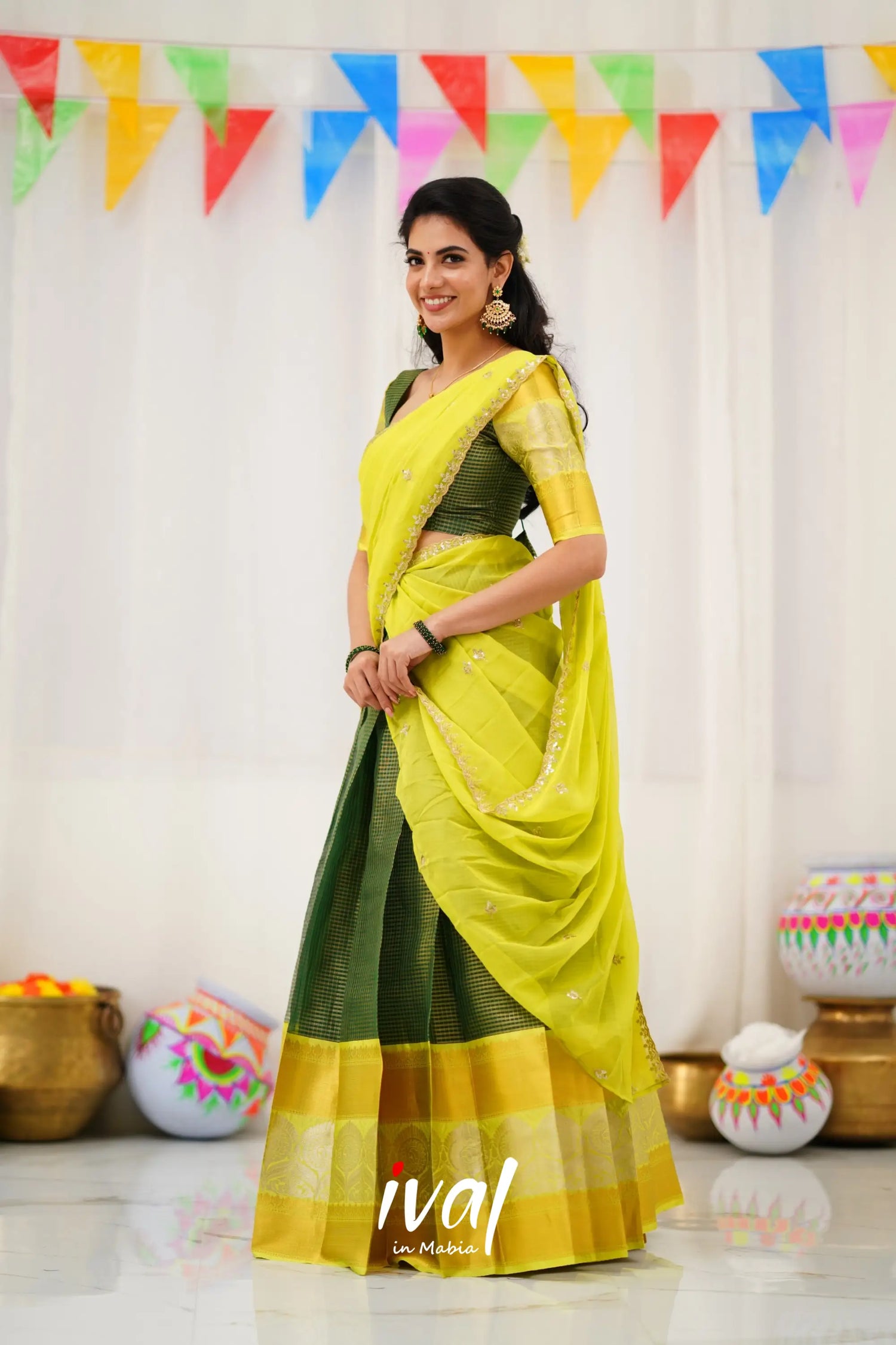 Izhaiyini Organza Halfsaree - Dark Green And Neon Half Sarees