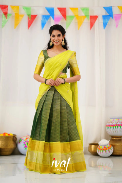 Izhaiyini Organza Halfsaree - Dark Green And Neon Half Sarees