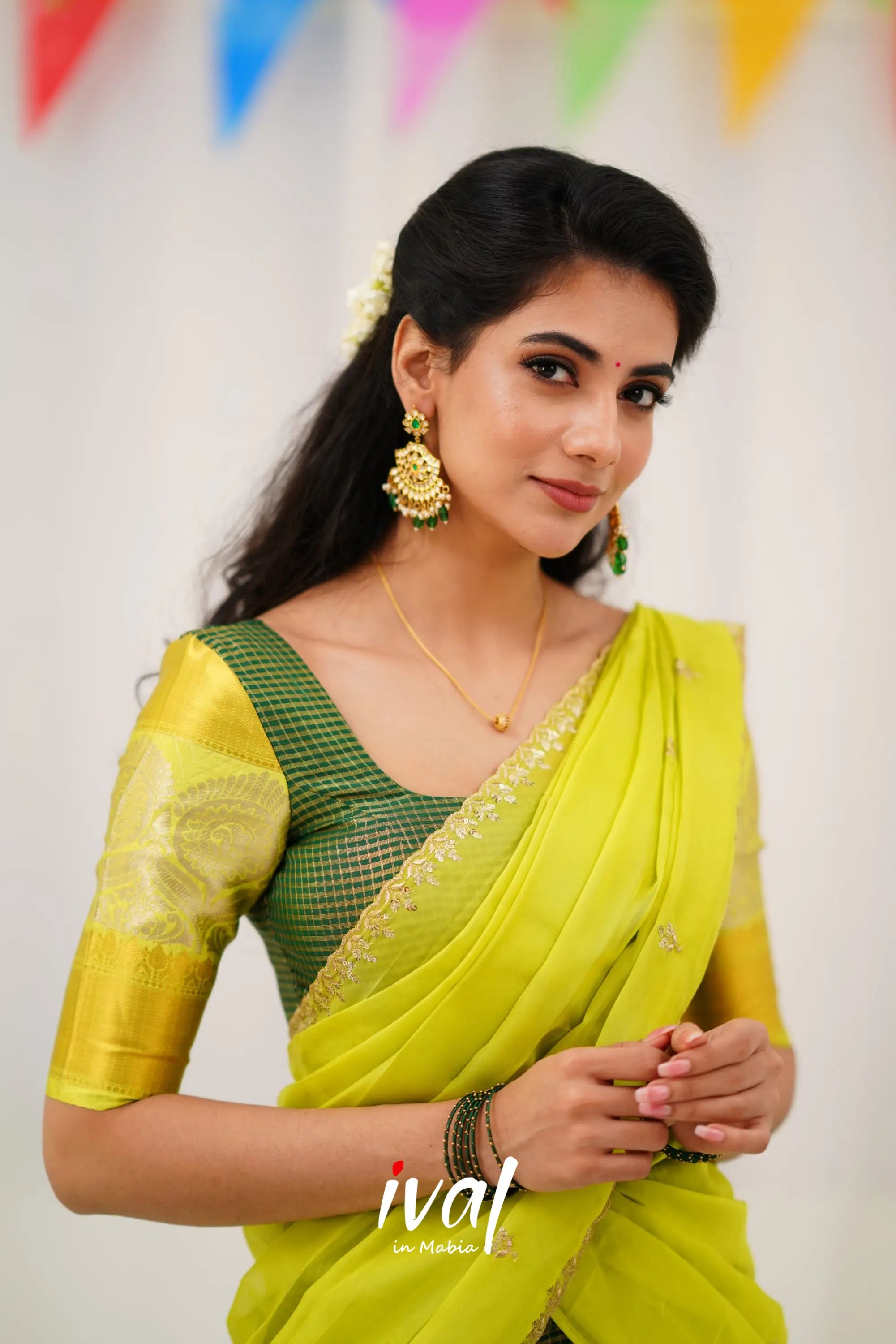 Izhaiyini Organza Halfsaree - Dark Green And Neon Half Sarees