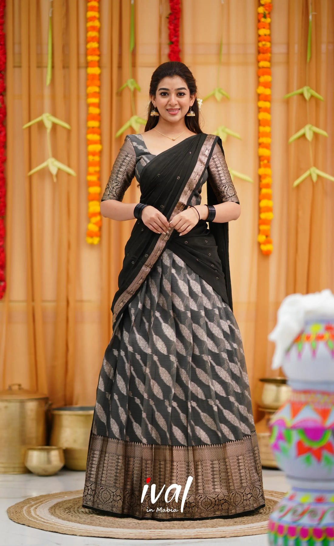 Izhaiyini Organza Halfsaree - Dark Grey and Black Half Sarees