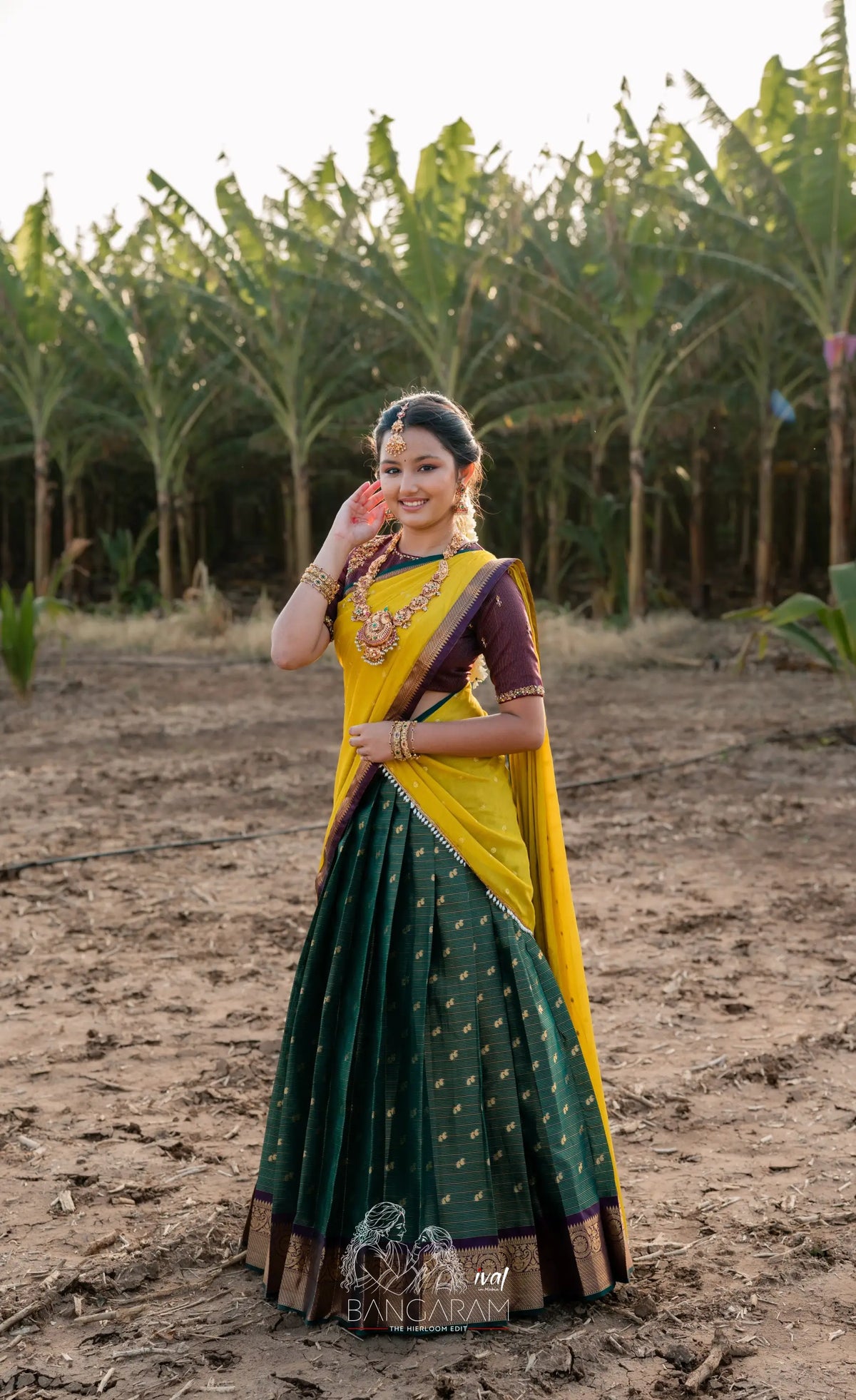Izhaiyini Organza Halfsaree - Dark Olive Green and Henna Yellow with Aaari - Half Sarees