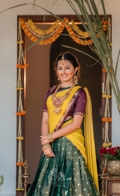 Izhaiyini Organza Halfsaree - Dark Olive Green and Henna Yellow with Aaari - Half Sarees