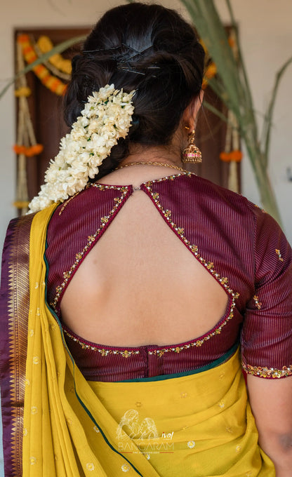 Izhaiyini Organza Halfsaree - Dark Olive Green and Henna Yellow with Aaari - Half Sarees