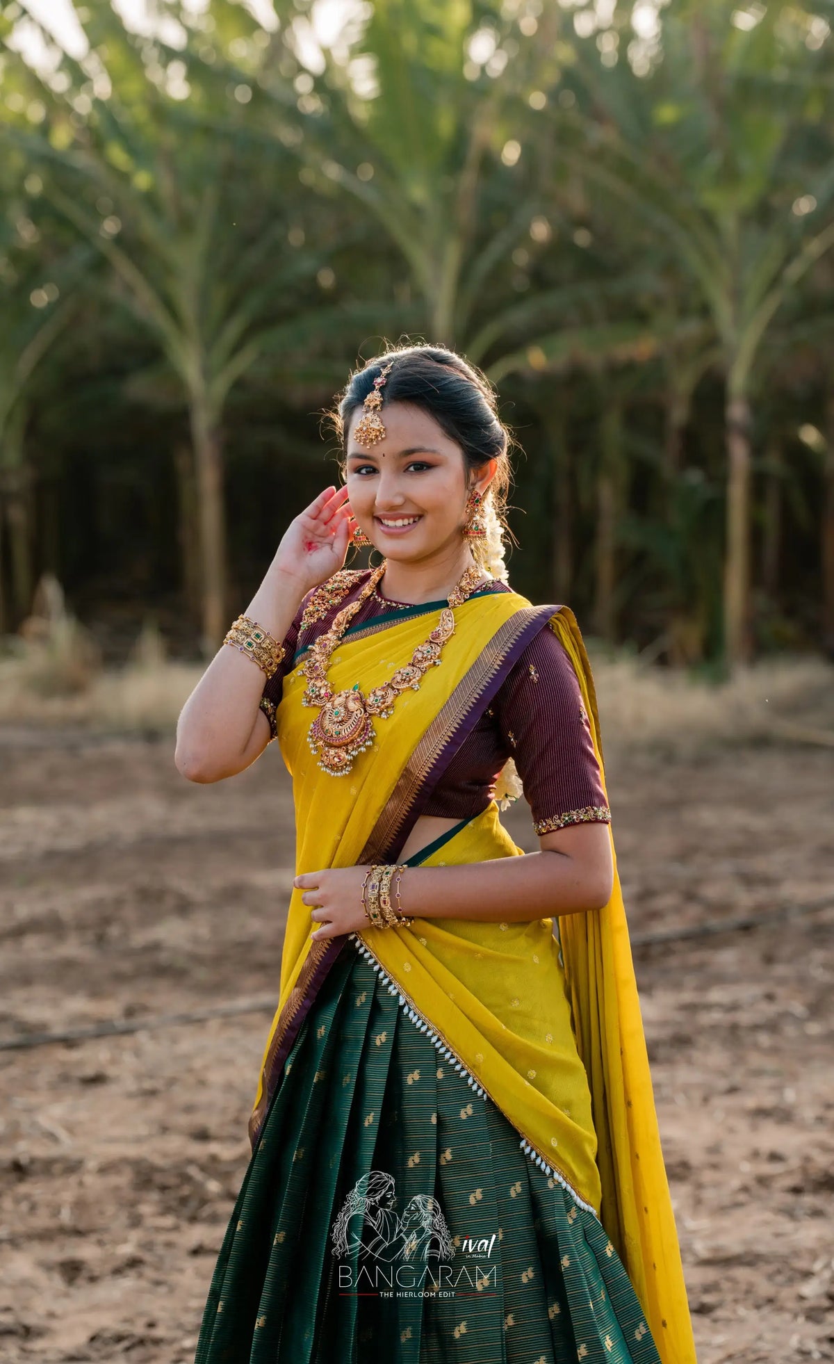 Izhaiyini Organza Halfsaree - Dark Olive Green and Henna Yellow with Aaari - Half Sarees