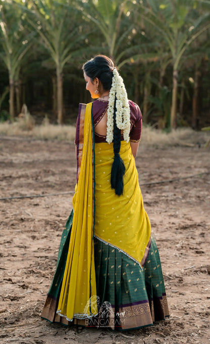 Izhaiyini Organza Halfsaree - Dark Olive Green and Henna Yellow with Aaari - Half Sarees