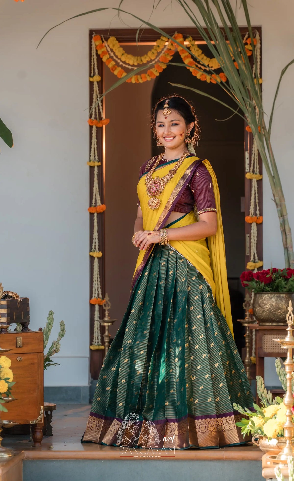 Izhaiyini Organza Halfsaree - Dark Olive Green and Henna Yellow with Aaari - Half Sarees