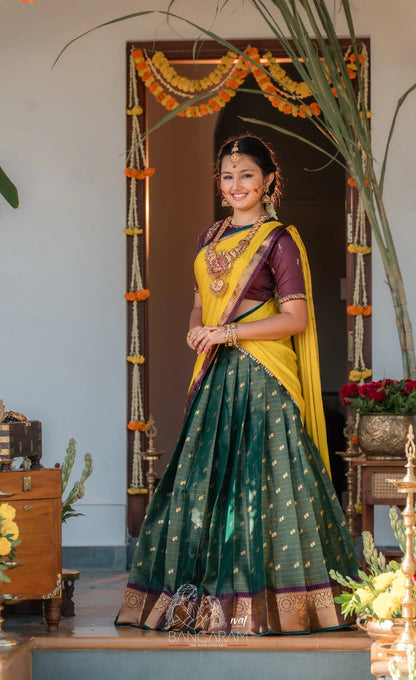 Izhaiyini Organza Halfsaree - Dark Olive Green and Henna Yellow with Aaari - Half Sarees