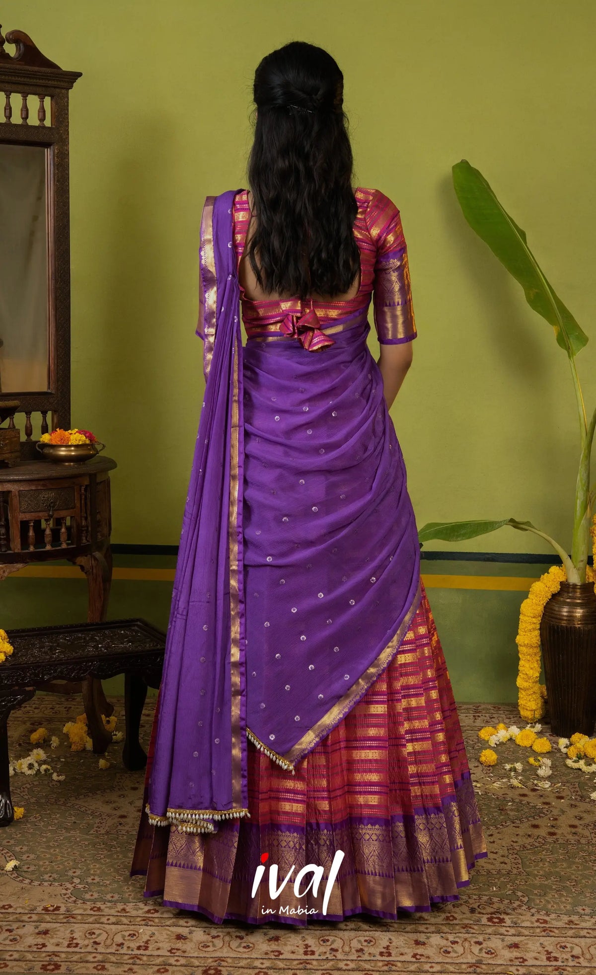 Izhaiyini Organza Halfsaree - Dark pink and Deep purple - Half Sarees
