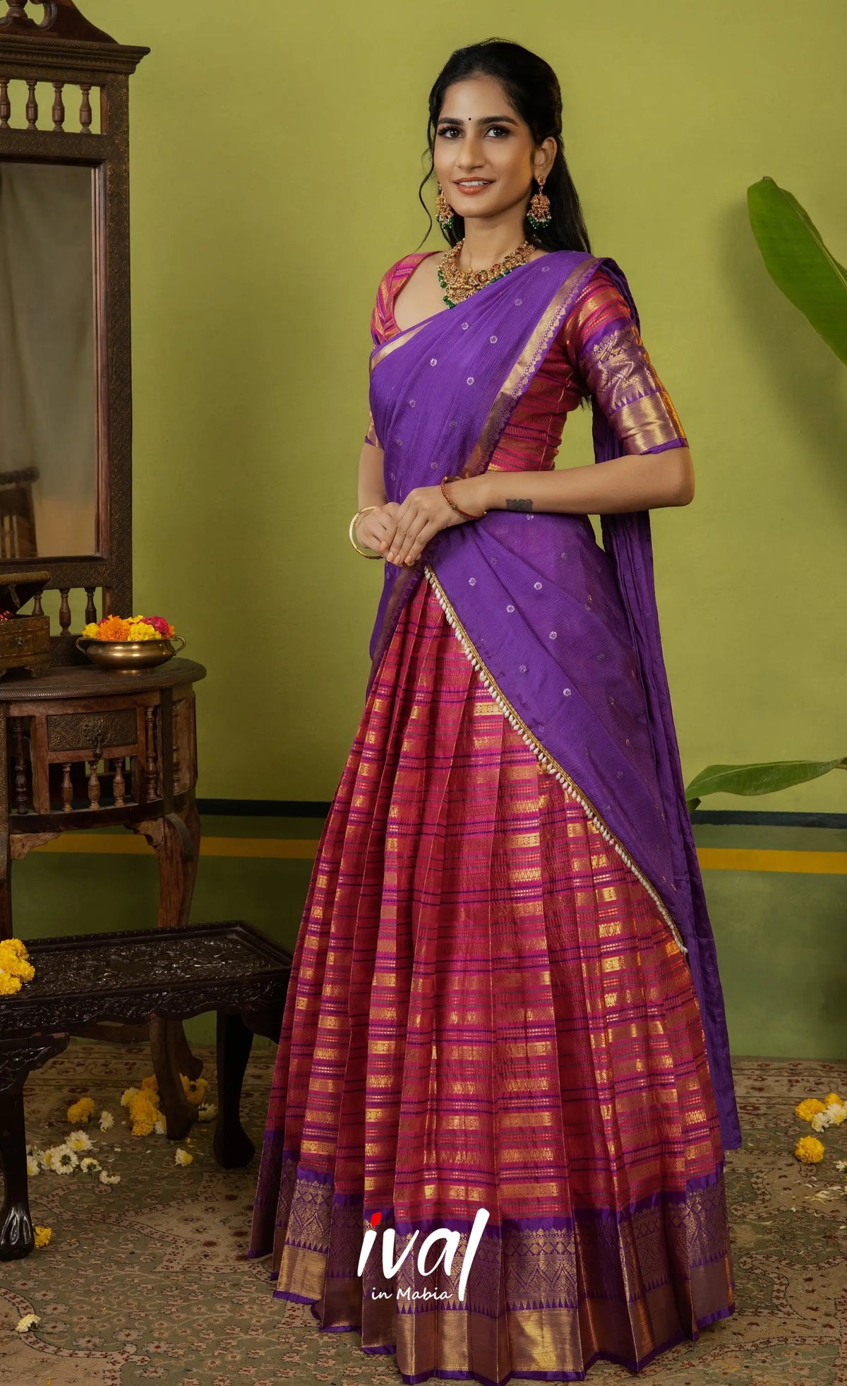 Izhaiyini Organza Halfsaree - Dark pink and Deep purple - Half Sarees