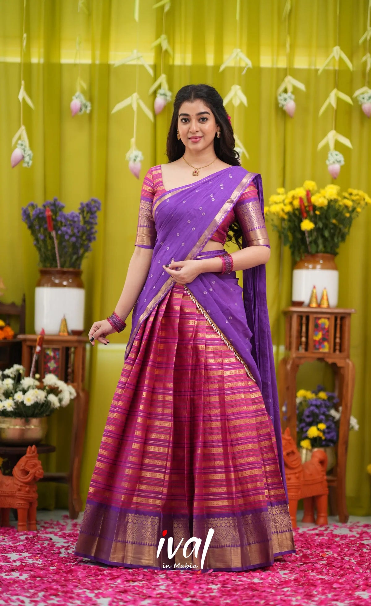 Izhaiyini Organza Halfsaree - Dark pink and Deep purple - Half Sarees