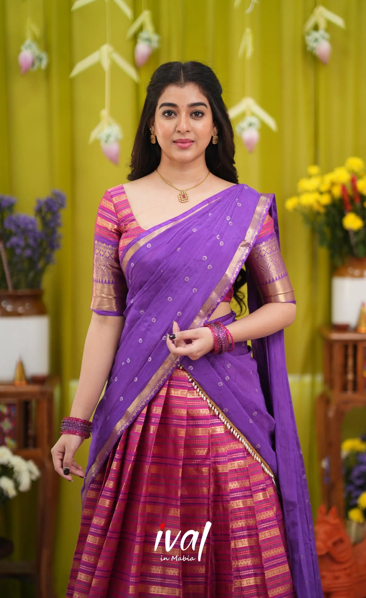 Izhaiyini Organza Halfsaree - Dark pink and Deep purple - Half Sarees