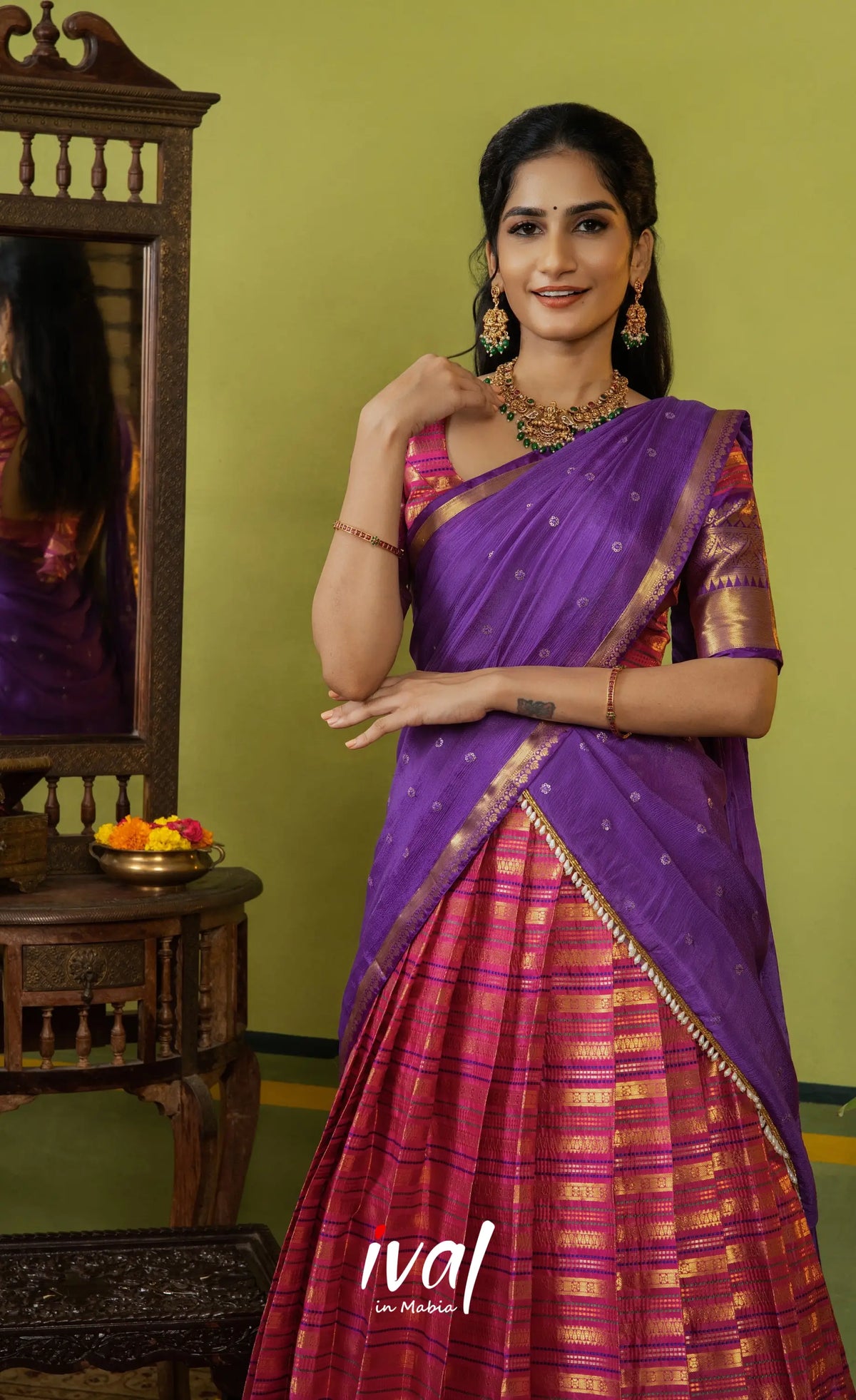 Izhaiyini Organza Halfsaree - Dark pink and Deep purple - Half Sarees
