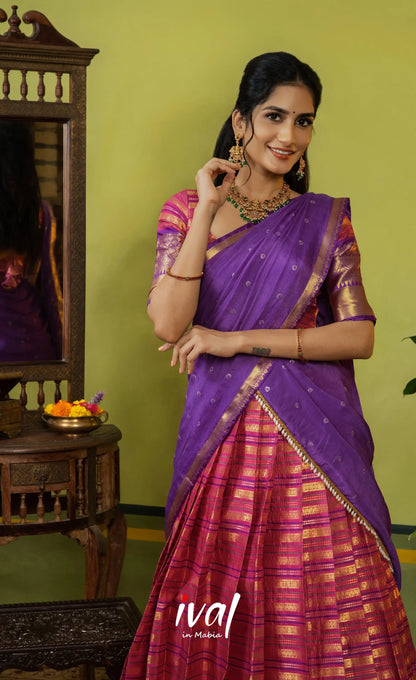 Izhaiyini Organza Halfsaree - Dark pink and Deep purple - Half Sarees