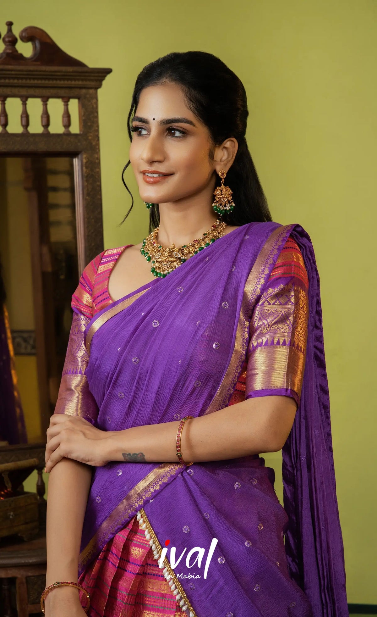 Izhaiyini Organza Halfsaree - Dark pink and Deep purple - Half Sarees