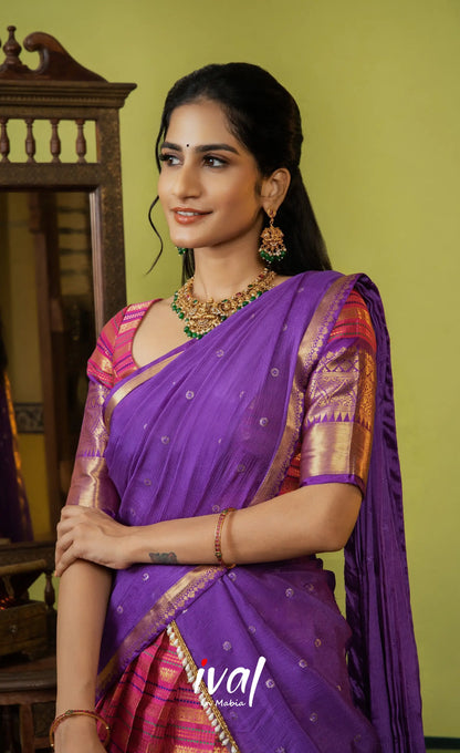 Izhaiyini Organza Halfsaree - Dark pink and Deep purple - Half Sarees