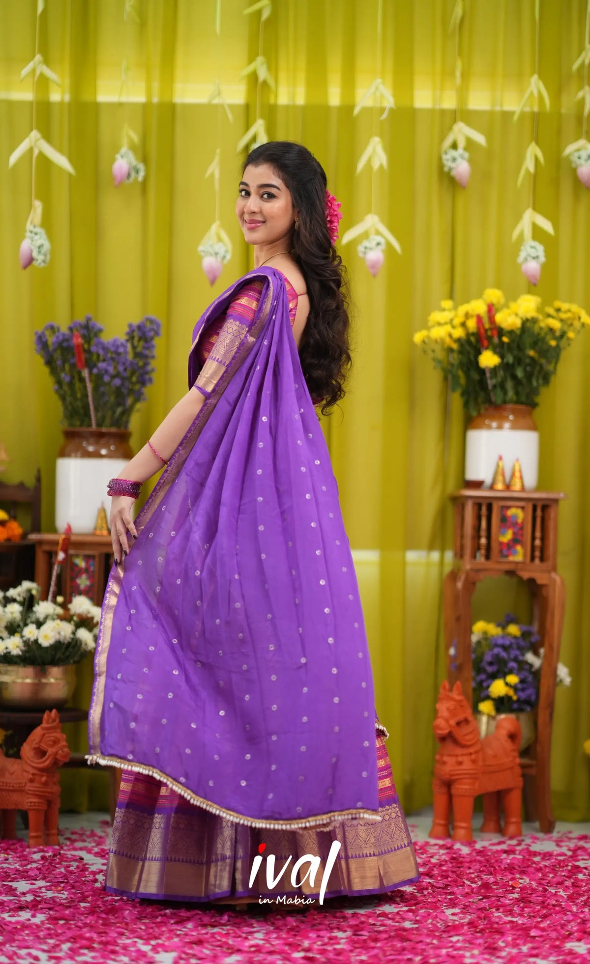 Izhaiyini Organza Halfsaree - Dark pink and Deep purple - Half Sarees