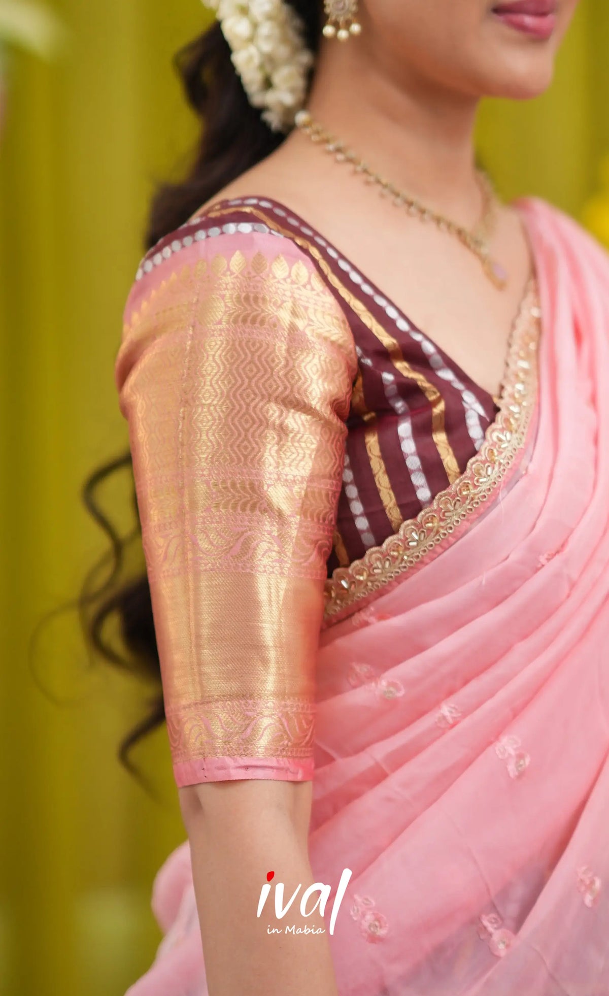 Izhaiyini Organza Halfsaree - Dark Wine and Peachish Pink - Half Sarees