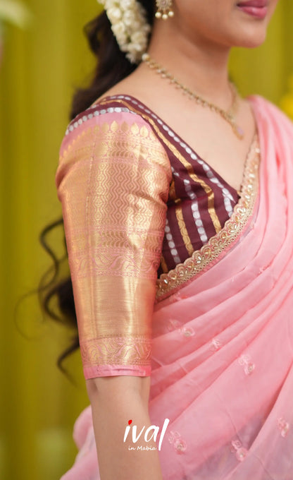 Izhaiyini Organza Halfsaree - Dark Wine and Peachish Pink - Half Sarees