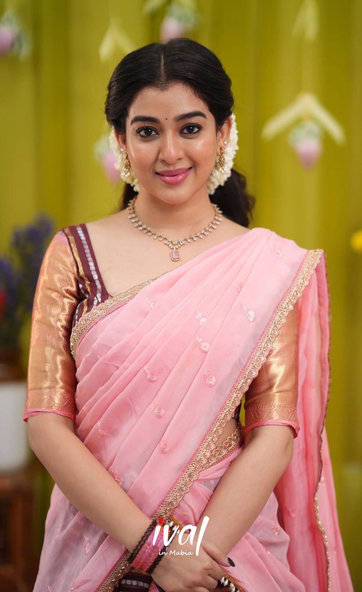 Izhaiyini Organza Halfsaree - Dark Wine and Peachish Pink - Half Sarees