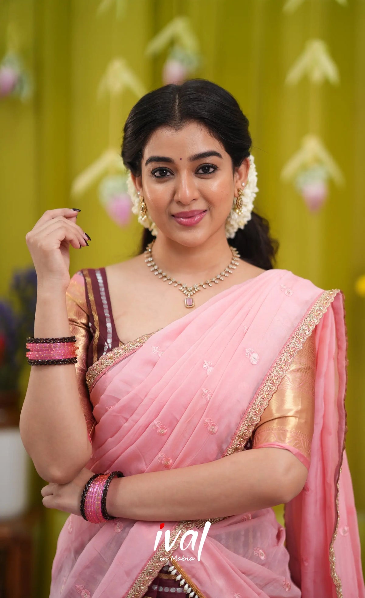 Izhaiyini Organza Halfsaree - Dark Wine and Peachish Pink - Half Sarees