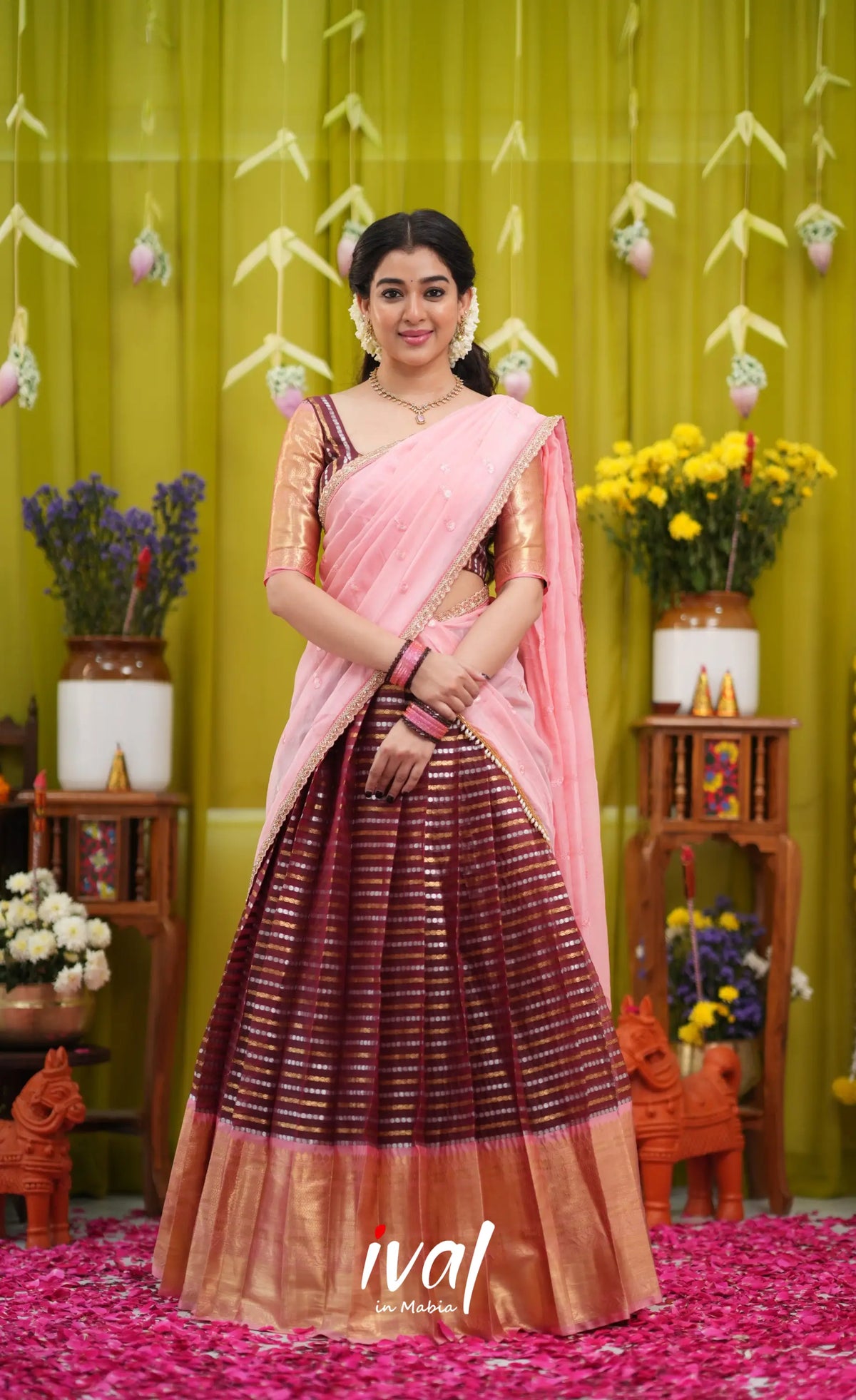 Izhaiyini Organza Halfsaree - Dark Wine and Peachish Pink - Half Sarees
