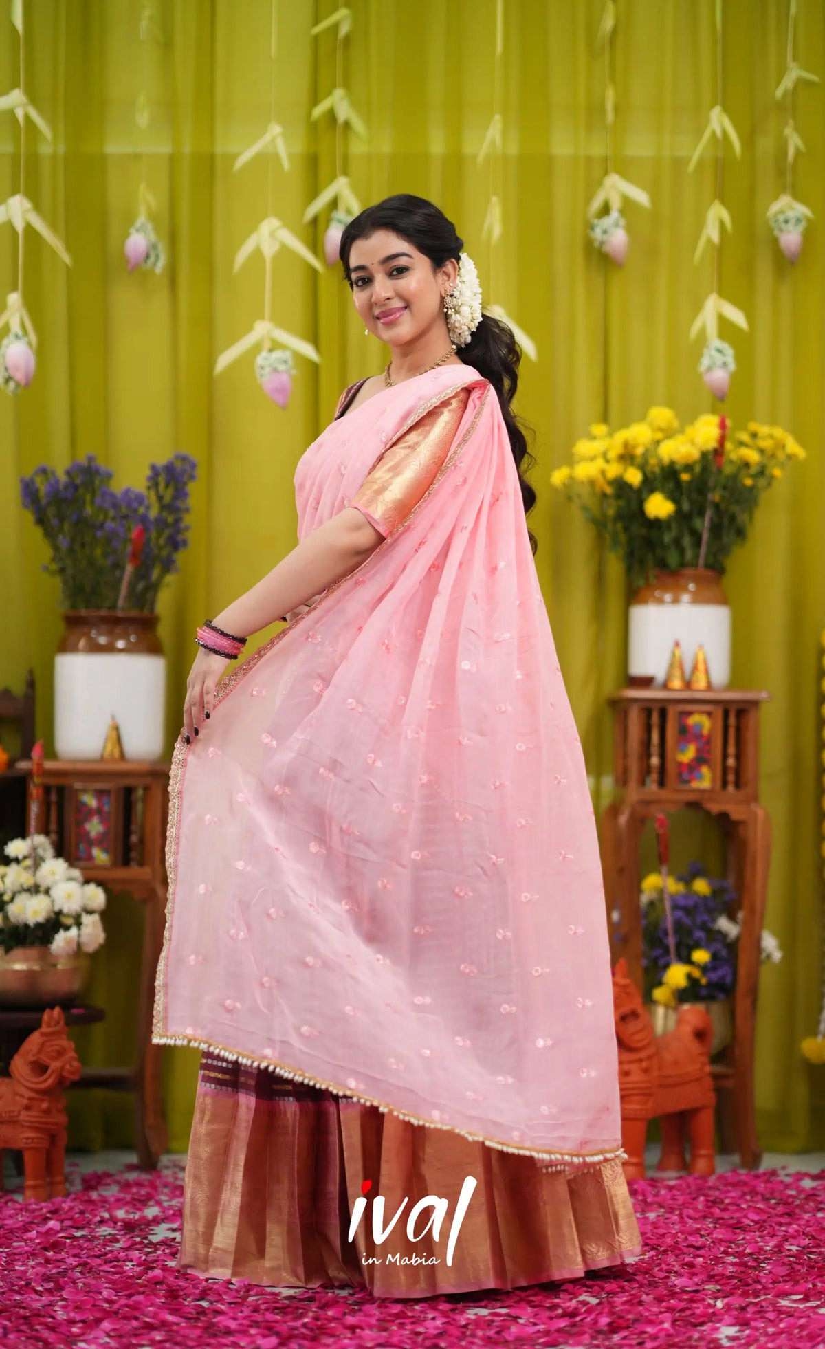Izhaiyini Organza Halfsaree - Dark Wine and Peachish Pink - Half Sarees