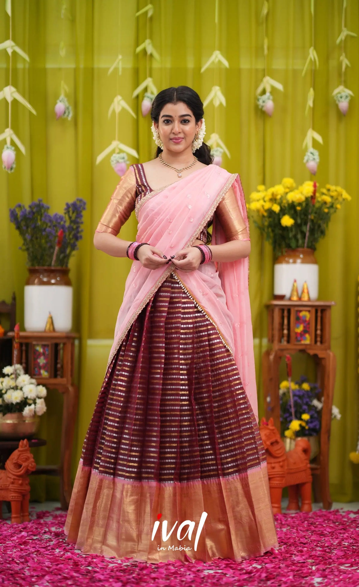 Izhaiyini Organza Halfsaree - Dark Wine and Peachish Pink - Half Sarees