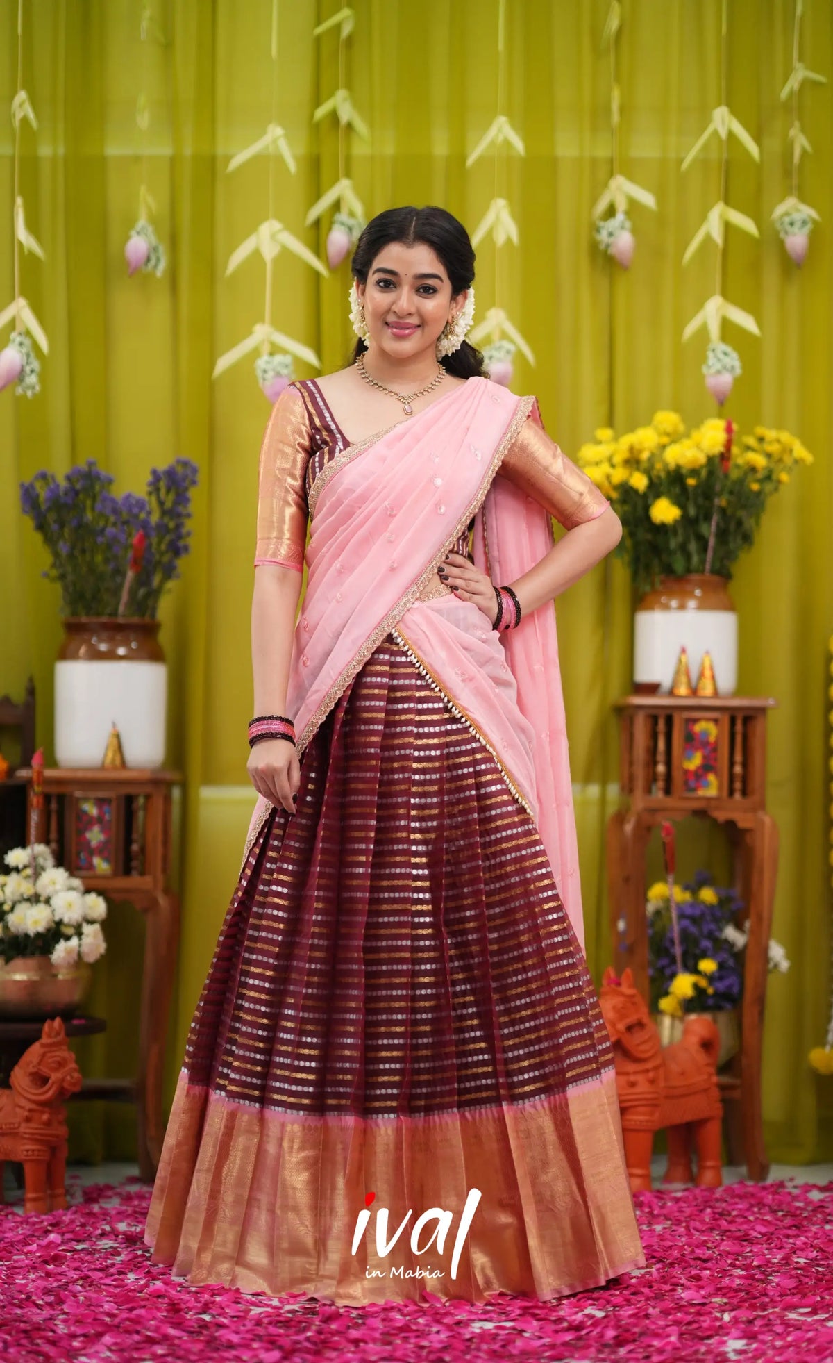 Izhaiyini Organza Halfsaree - Dark Wine and Peachish Pink - Half Sarees