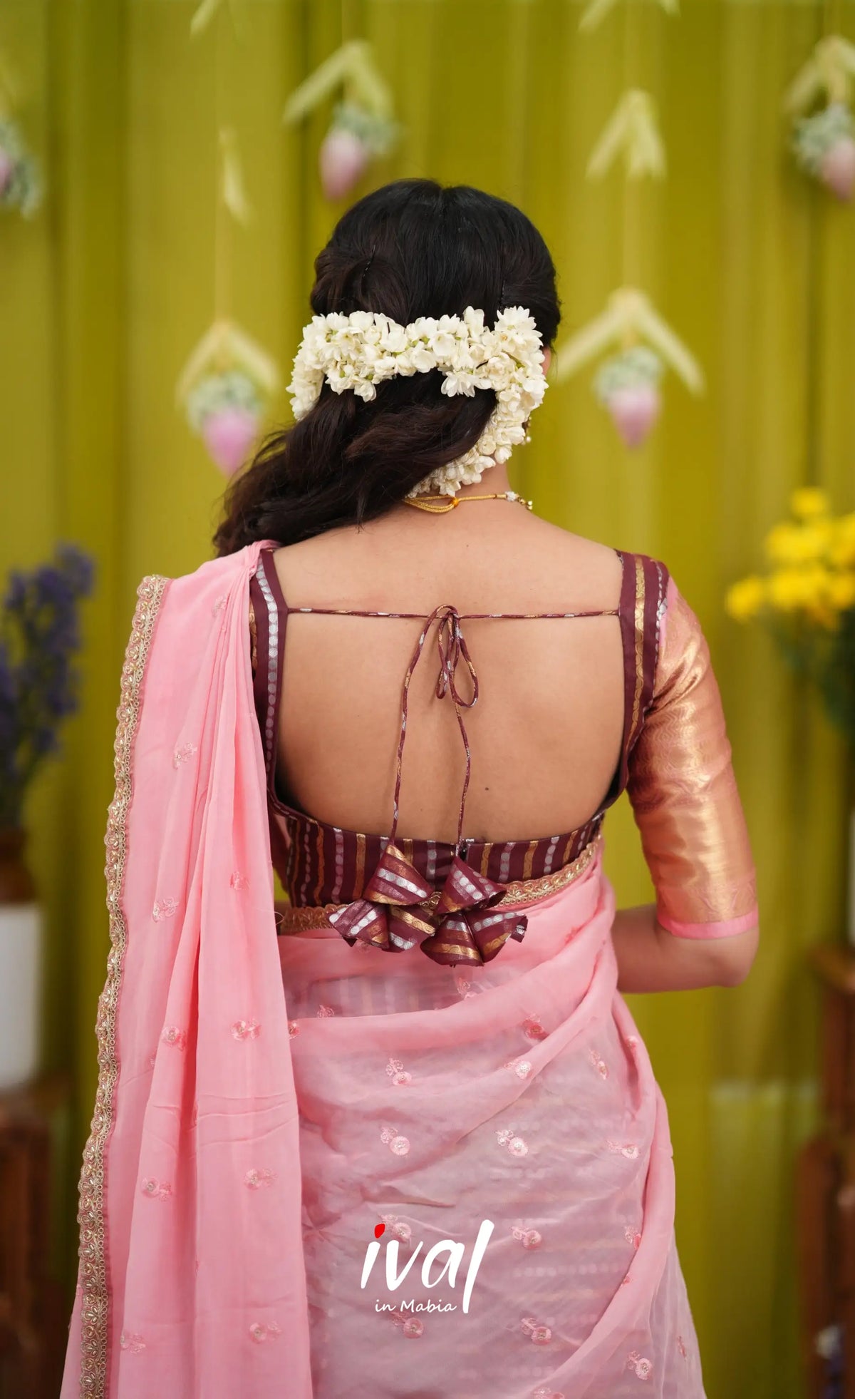Izhaiyini Organza Halfsaree - Dark Wine and Peachish Pink - Half Sarees
