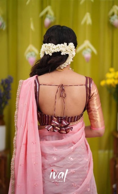 Izhaiyini Organza Halfsaree - Dark Wine and Peachish Pink - Half Sarees