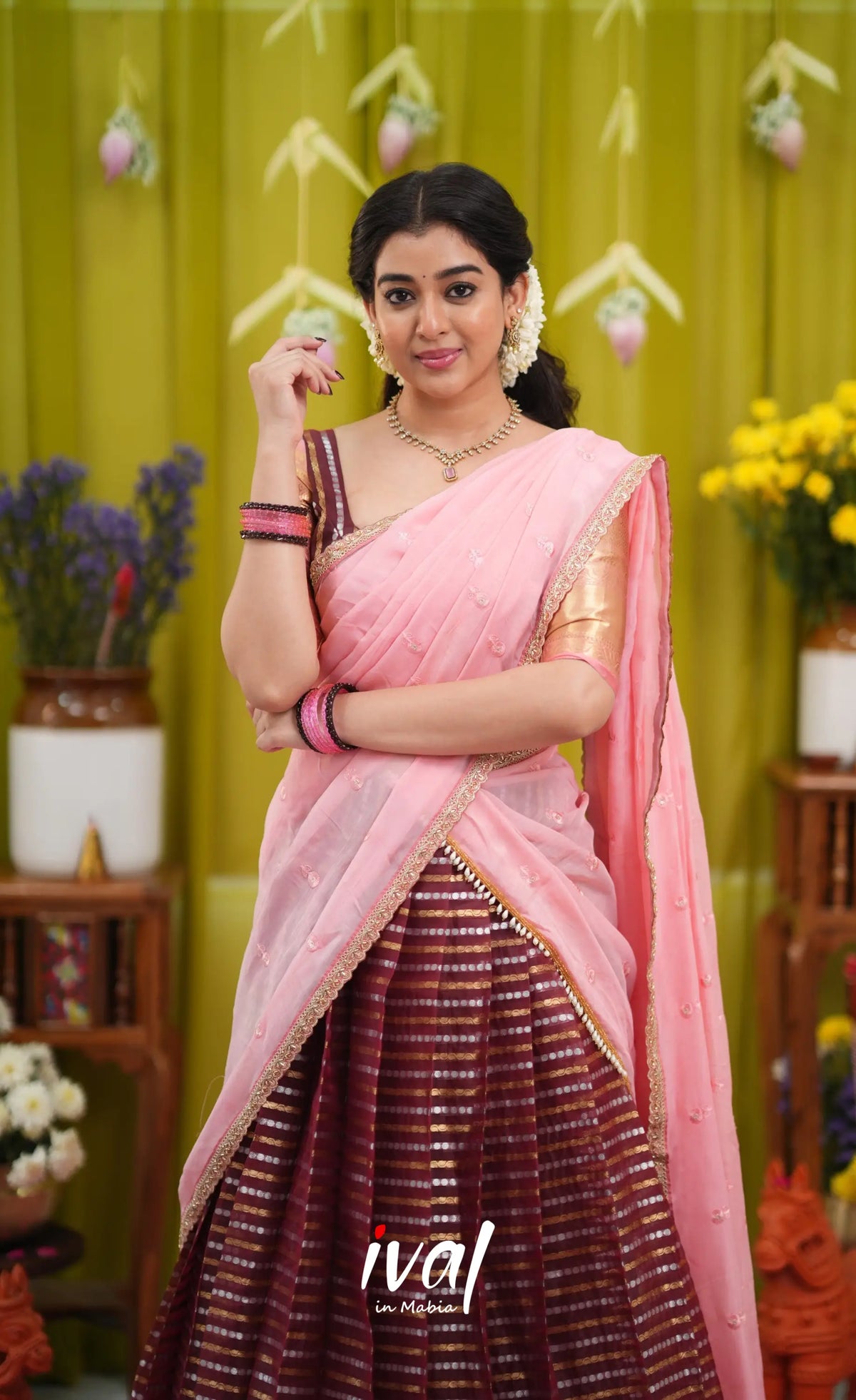 Izhaiyini Organza Halfsaree - Dark Wine and Peachish Pink - Half Sarees