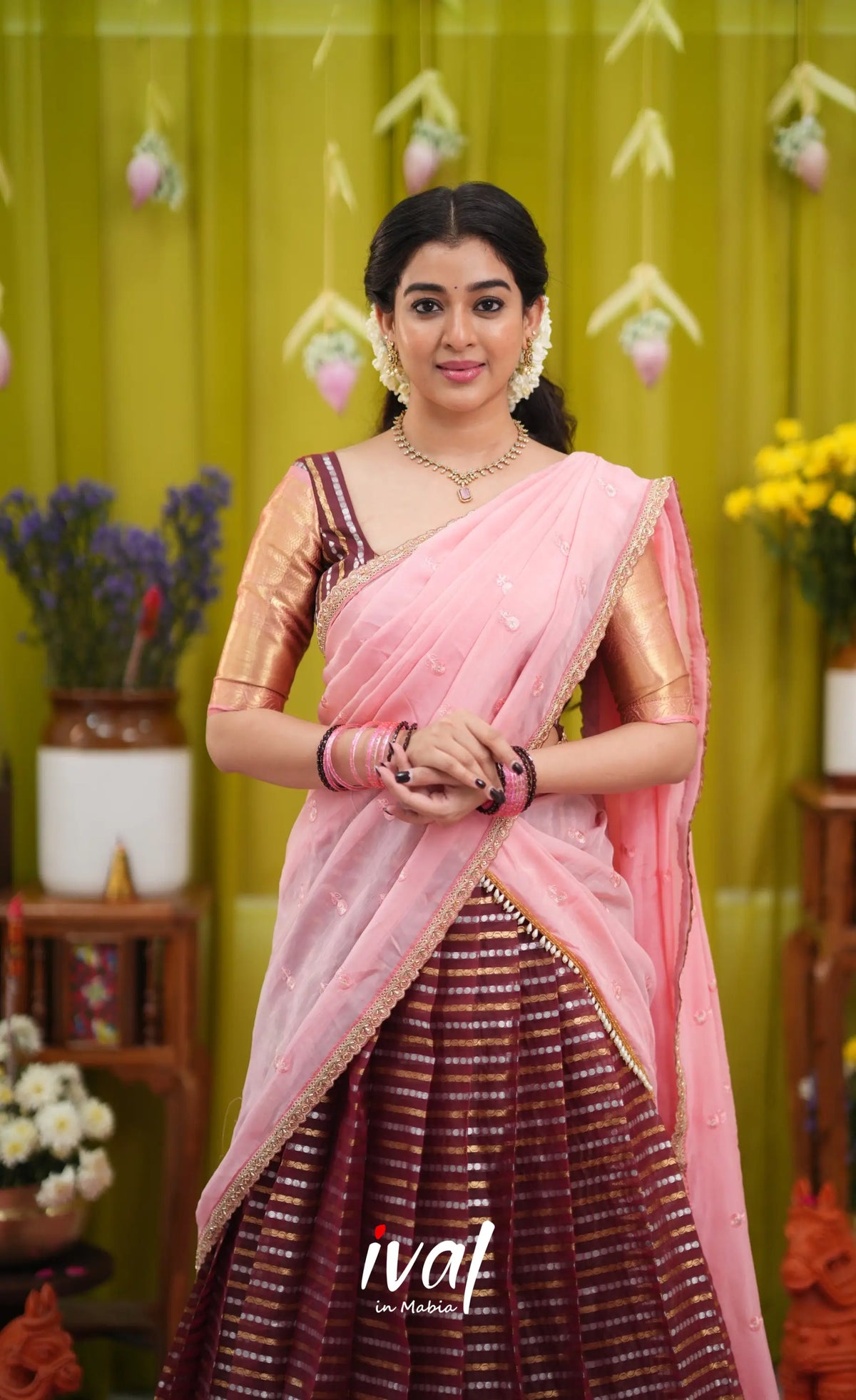 Izhaiyini Organza Halfsaree - Dark Wine and Peachish Pink - Half Sarees