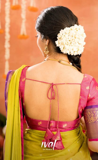 Izhaiyini Organza Halfsaree - Deep pink and Yellowish green - Half Sarees