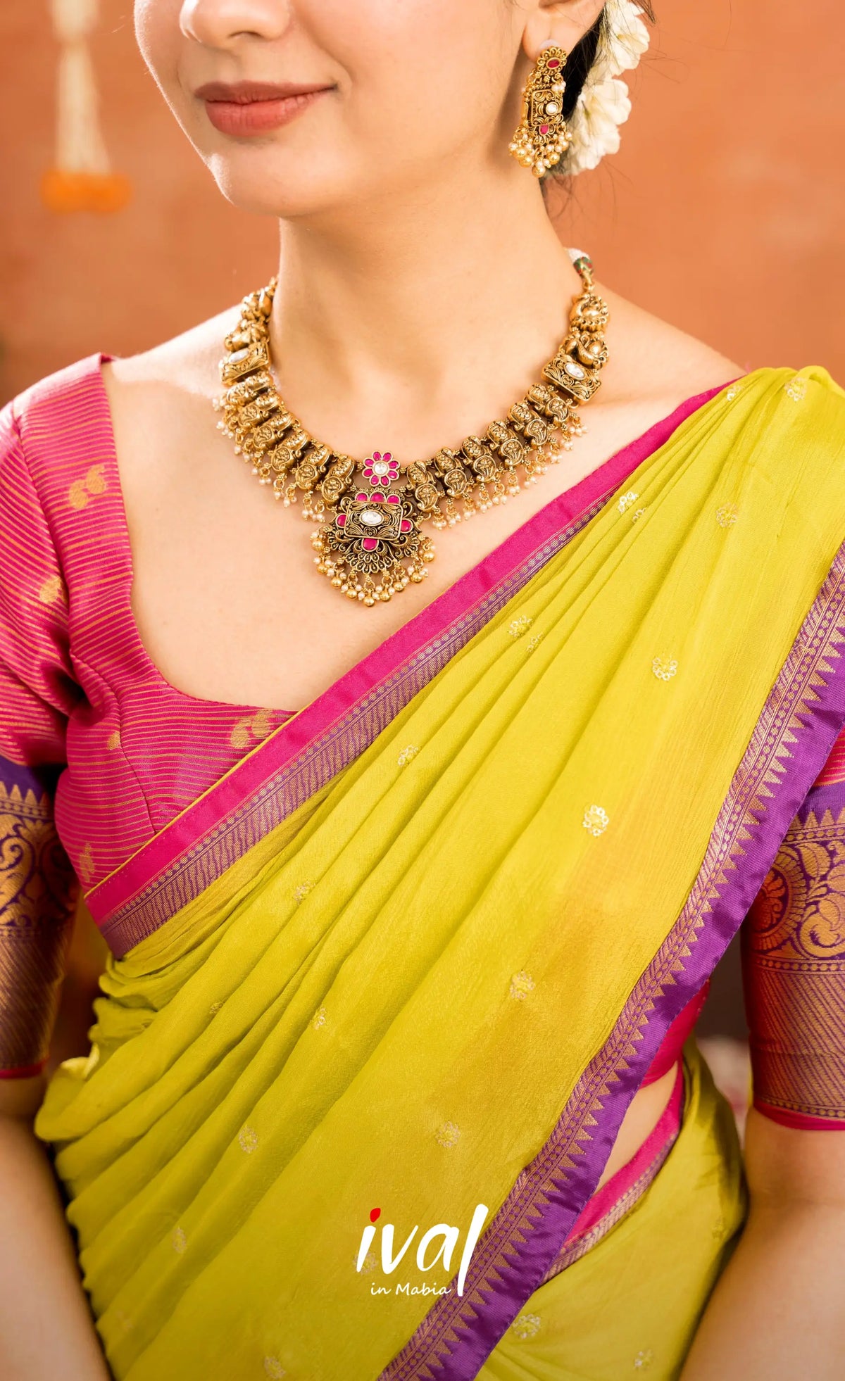 Izhaiyini Organza Halfsaree - Deep pink and Yellowish green - Half Sarees