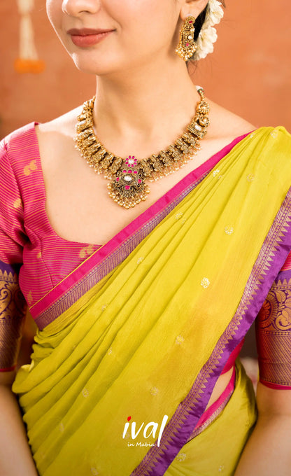 Izhaiyini Organza Halfsaree - Deep pink and Yellowish green - Half Sarees