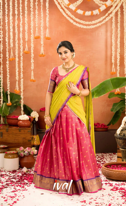 Izhaiyini Organza Halfsaree - Deep pink and Yellowish green - Half Sarees