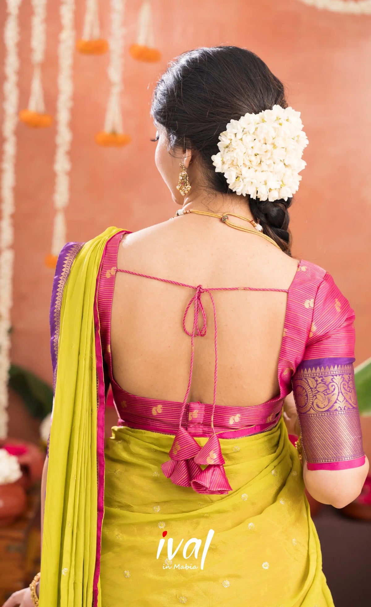 Izhaiyini Organza Halfsaree - Deep pink and Yellowish green - Half Sarees
