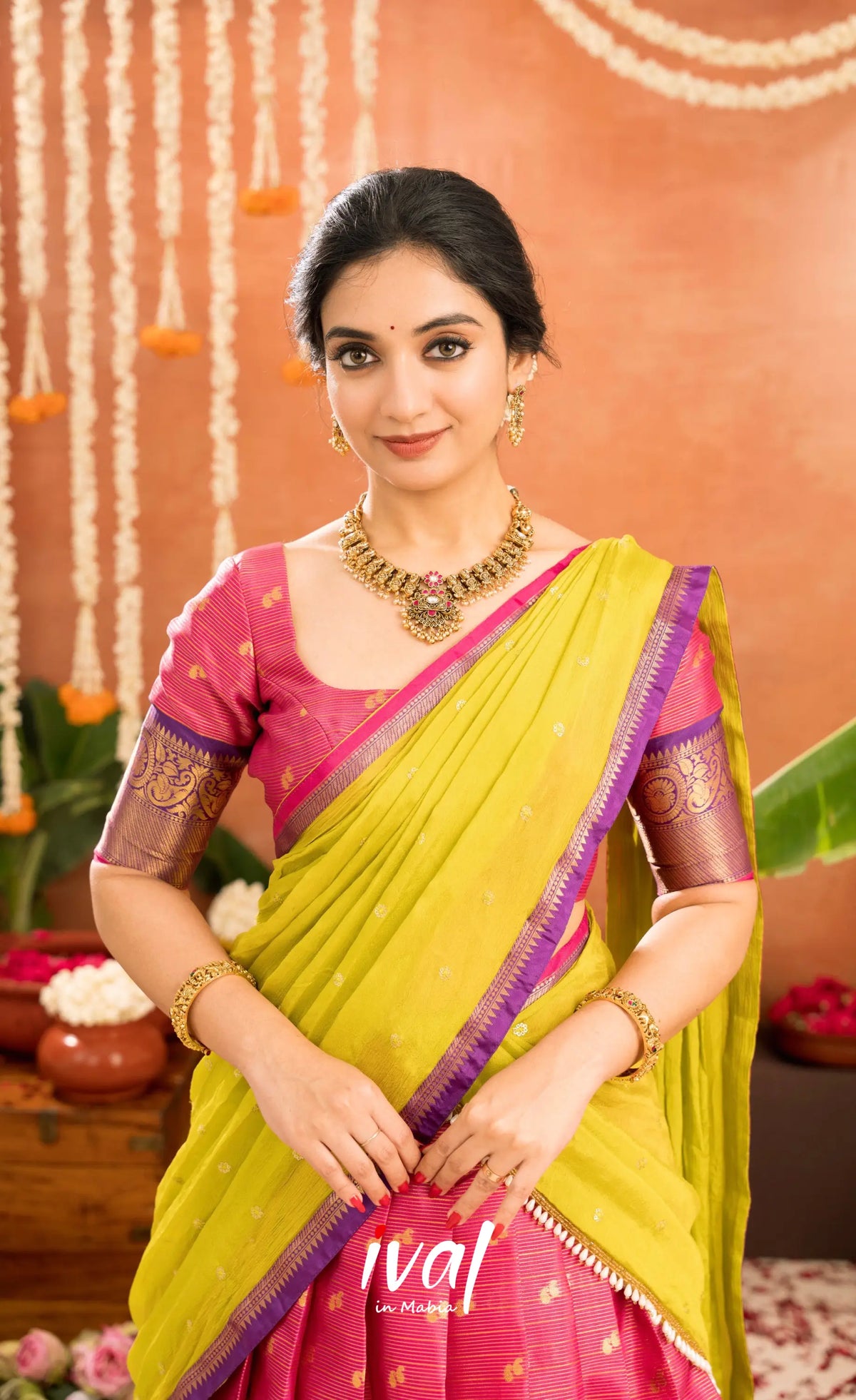 Izhaiyini Organza Halfsaree - Deep pink and Yellowish green - Half Sarees