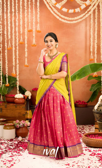 Izhaiyini Organza Halfsaree - Deep pink and Yellowish green - Half Sarees