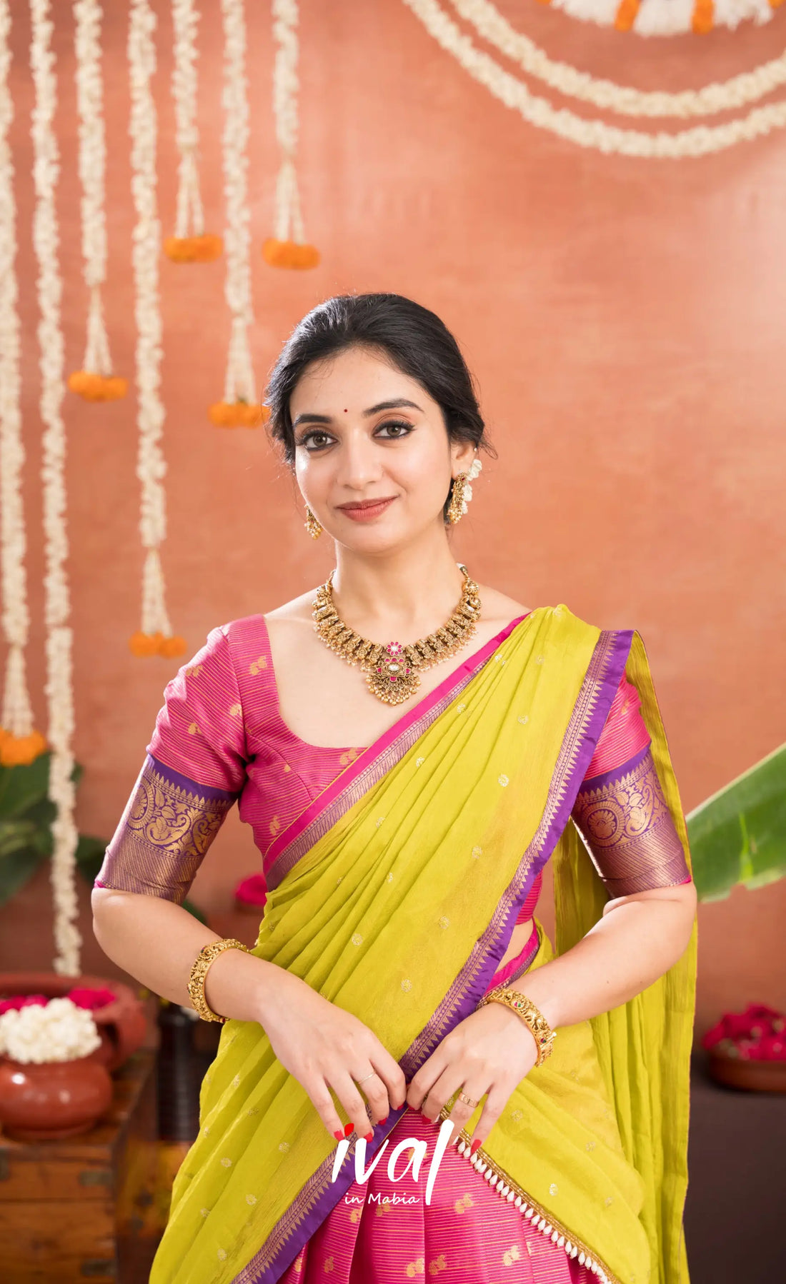 Izhaiyini Organza Halfsaree - Deep pink and Yellowish green - Half Sarees