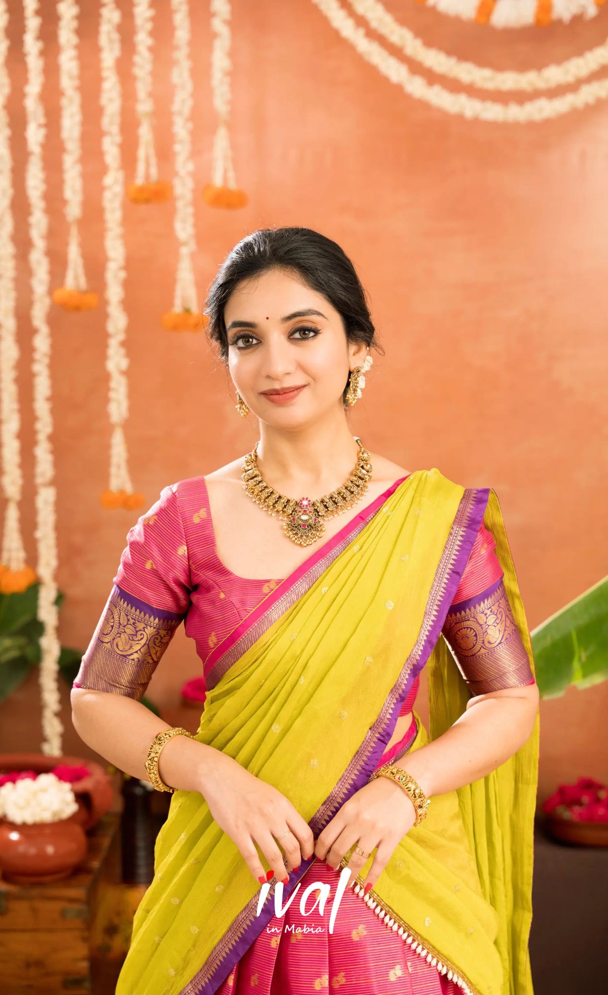 Izhaiyini Organza Halfsaree - Deep pink and Yellowish green - Half Sarees