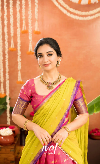 Izhaiyini Organza Halfsaree - Deep pink and Yellowish green - Half Sarees