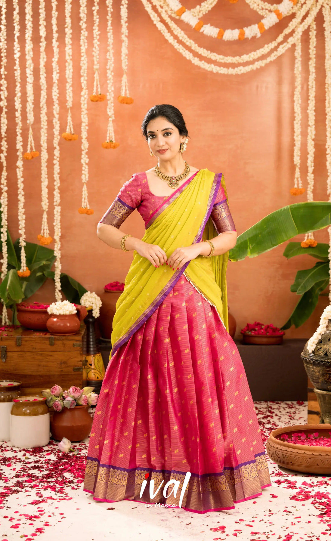 Izhaiyini Organza Halfsaree - Deep pink and Yellowish green - Half Sarees